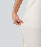 Pantalon large fluide casual 2 en 1 taille mi-haute avec cordon de serrage, dentelle contrastante, poches et aspect lin