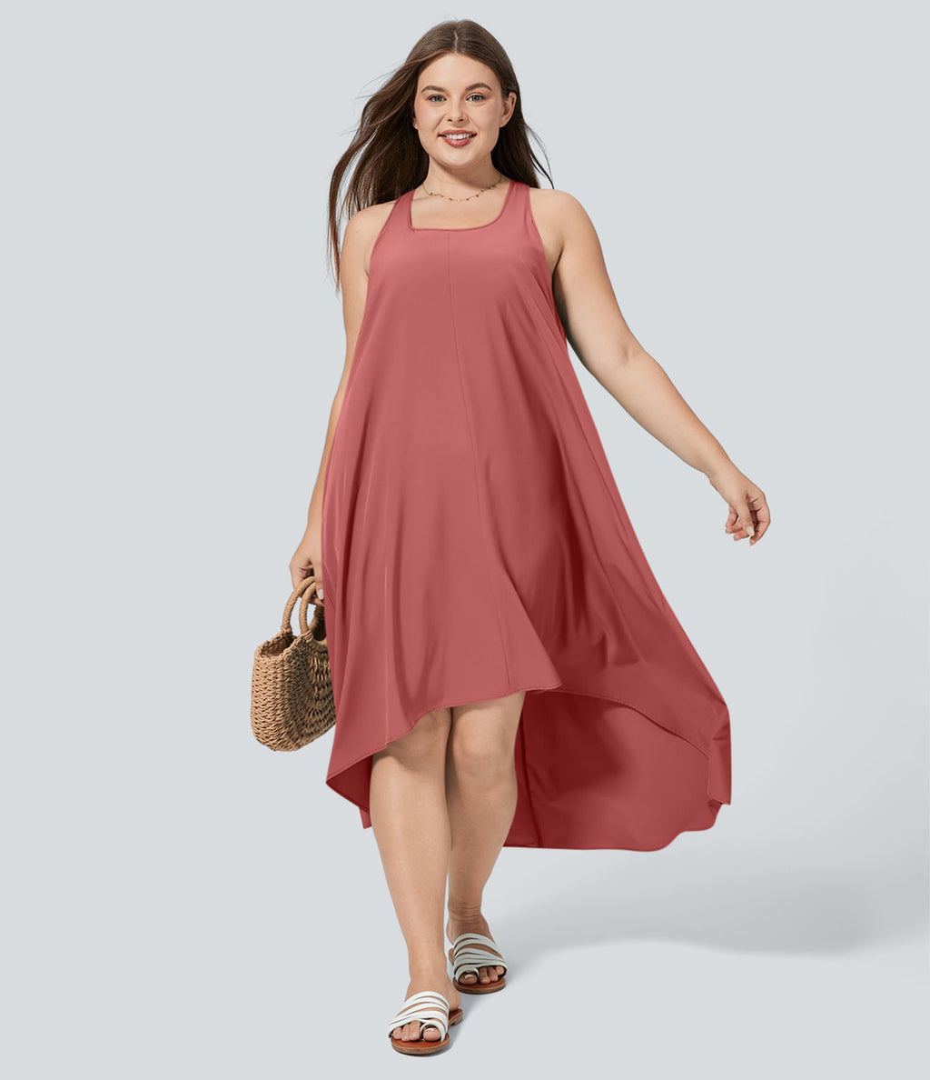 Breezeful™ Dos Nu Racerback Poche Latérale Haut Bas Fluide Midi Séchage Rapide Décontracté Robe Grande Taille