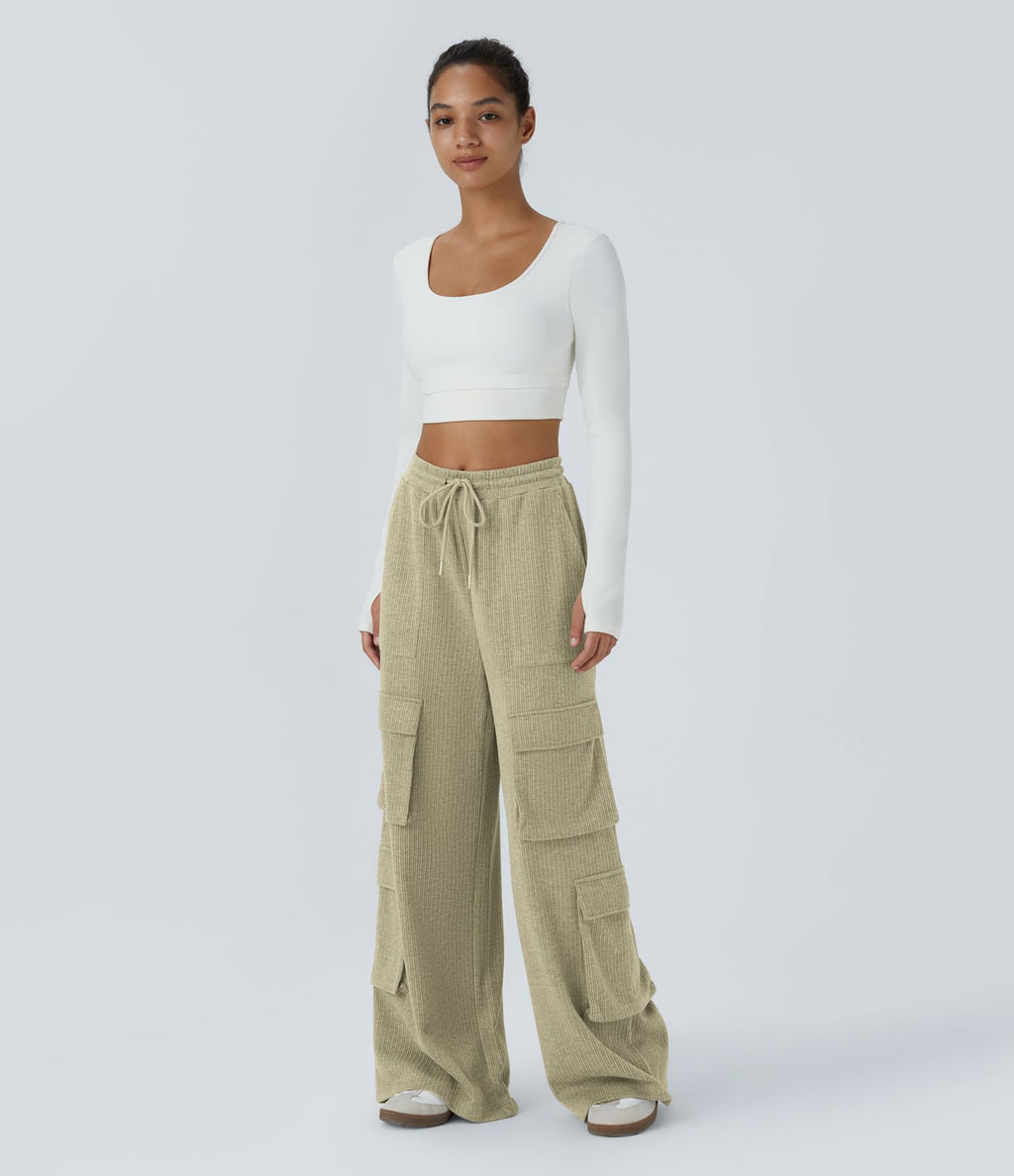 Pantalon cargo décontracté large à cordon côtelé, taille mi-haute, avec poches