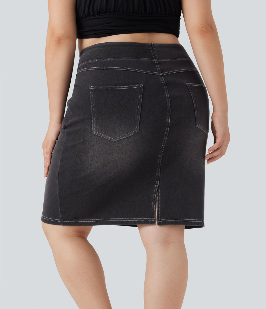 Jupe décontractée en denim délavé Halara Flex™ grande taille taille haute avec poches
