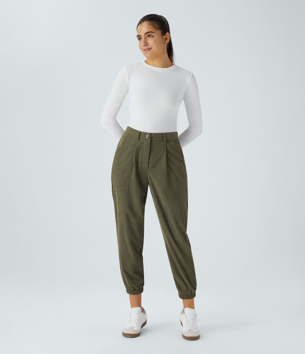 Pantalon décontracté en velours côtelé avec taille mi-haute, boutons et fermeture éclair