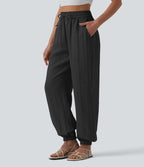 Jogging casual large ample taille haute aspect lin à cordon de serrage avec poches