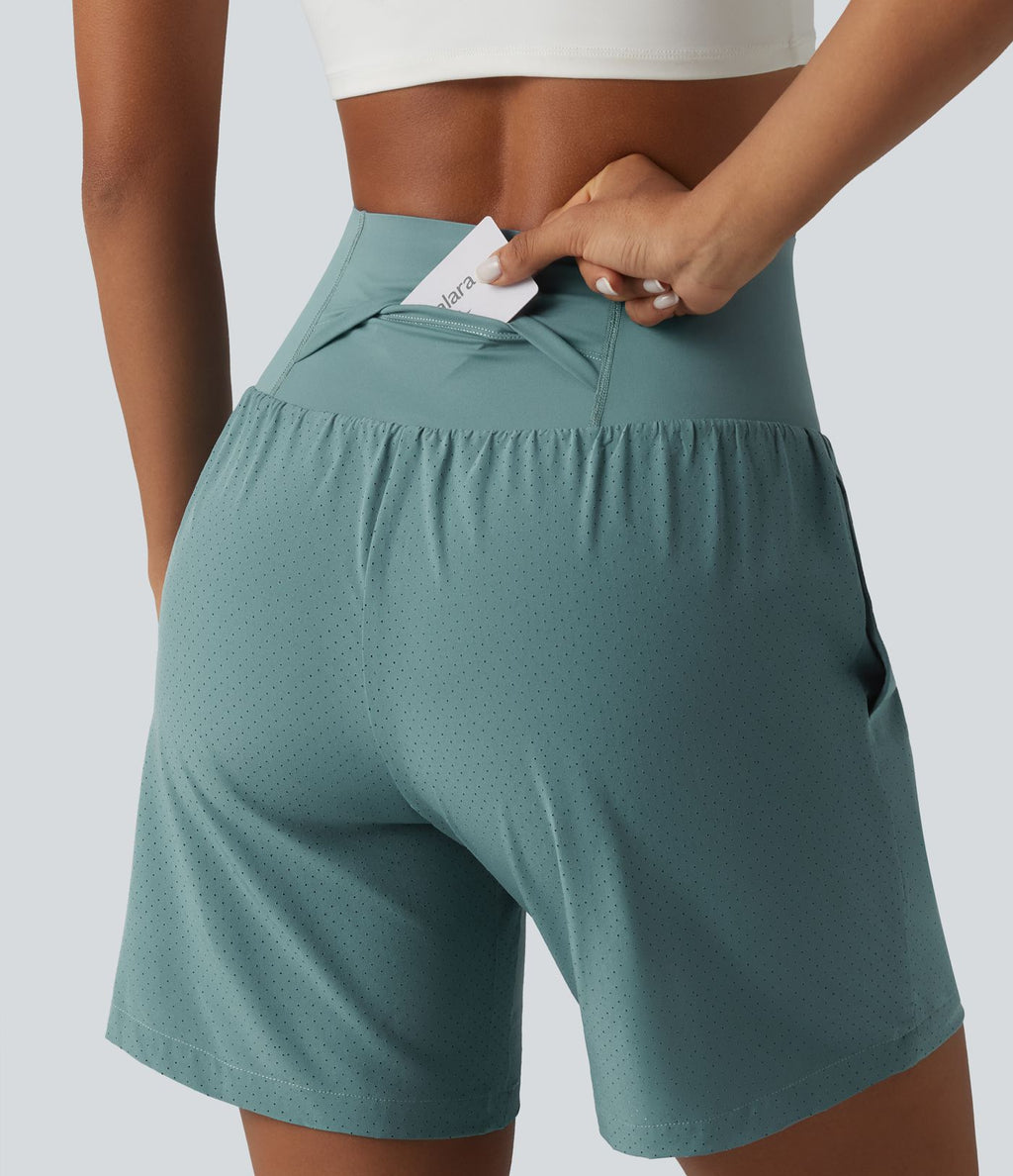 Short de yoga 2 en 1 à taille très haute, effet ventre plat, séchage rapide, 17,5 cm, avec poches