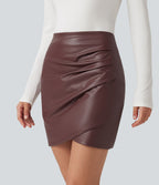 Jupe-short mini moulante taille haute en simili doublé polaire avec fronces et ourlet croisé