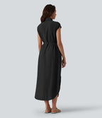 Robe chemise casual mi-longue col manches courtes ceinturée ourlet arrondi avec fente et poches