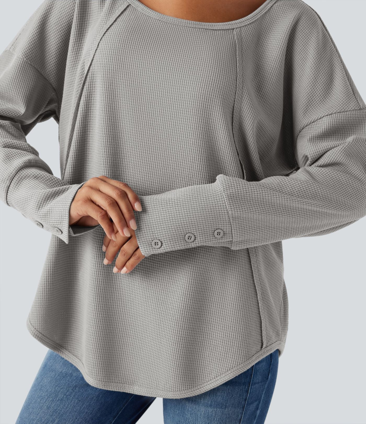 Top gaufré décontracté col échancré manches longues ourlet arrondi coupe décontractée