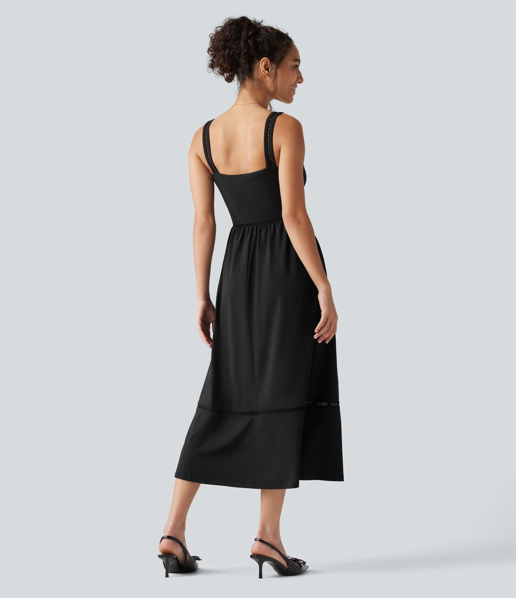 Robe midi fluide de vacances coupe trapèze à col carré avec découpes et poches