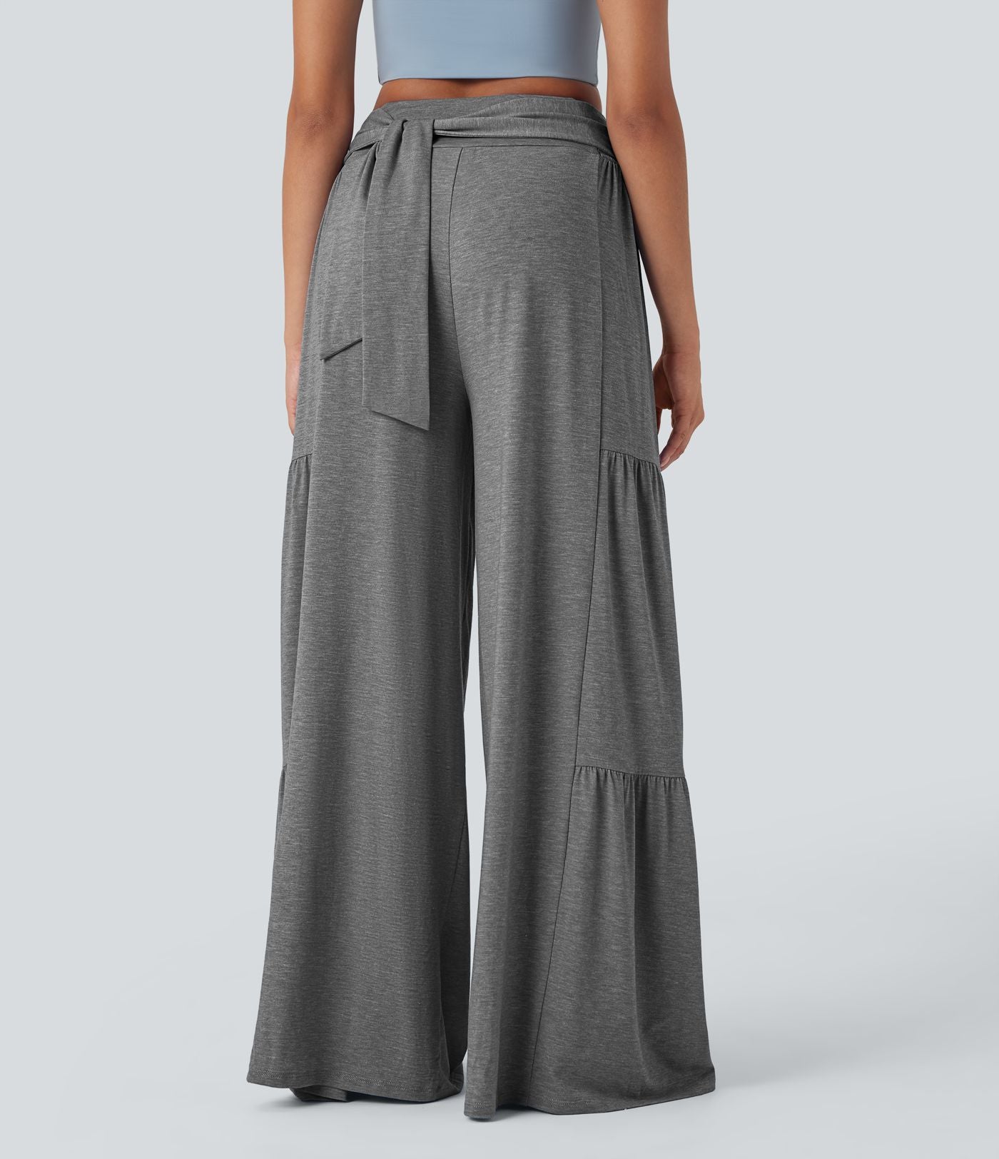 Pantalon danse large fluide taille haute smocké nœuds devant et dos