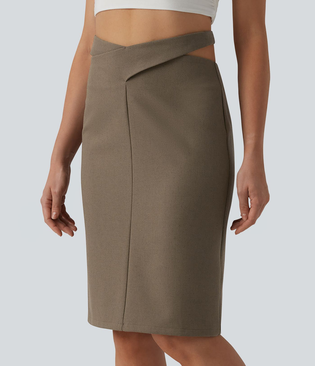 Jupe crayon casual mi-longue taille haute mélange lin à nœud dos