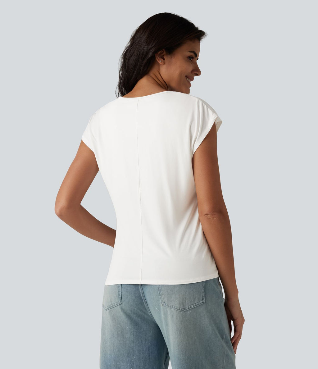T-shirt décontracté à col V, manches courtes et soutien-gorge intégré bonnets B-DD