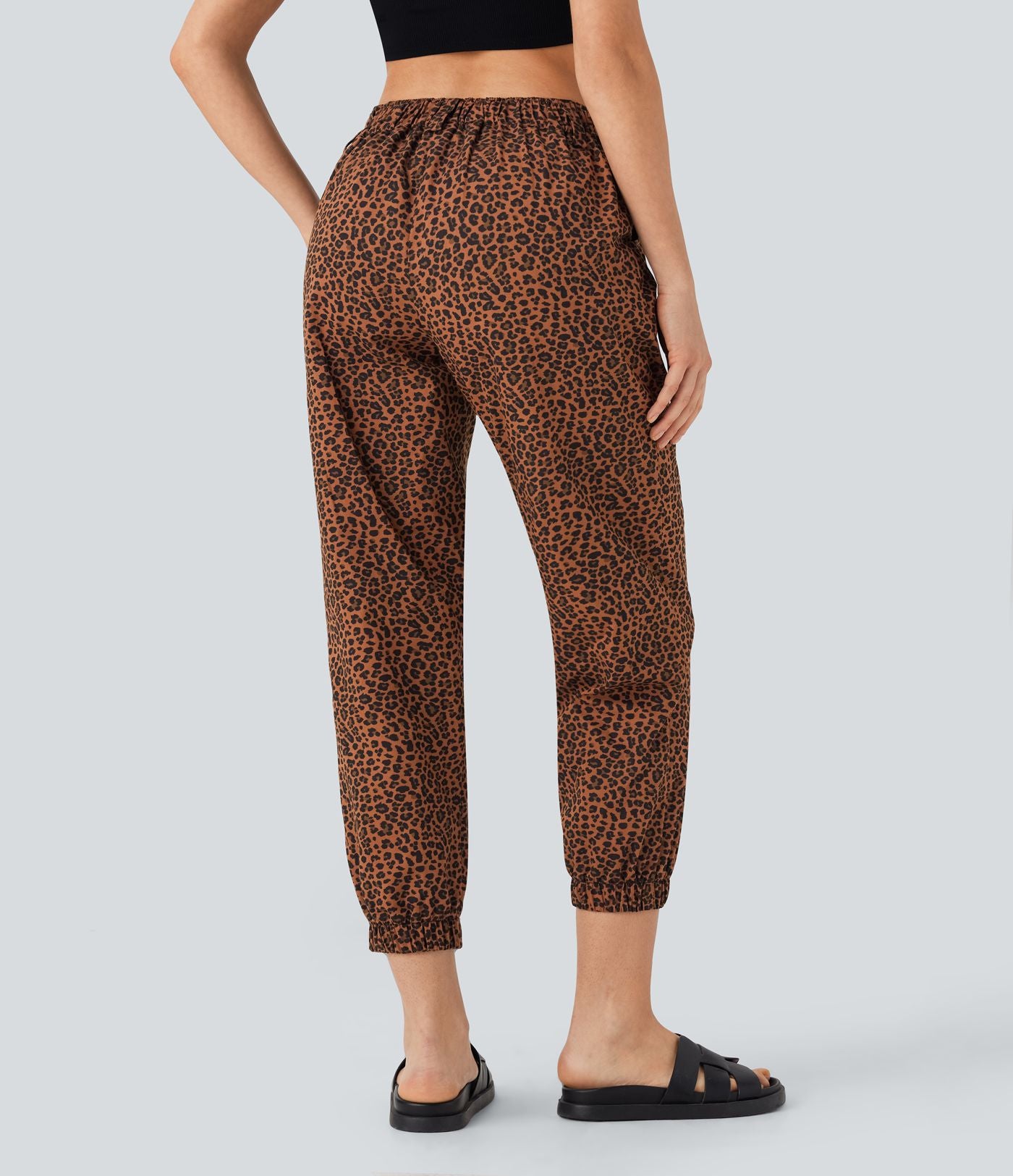 Jogging décontracté en coton imprimé léopard taille moyenne avec poches