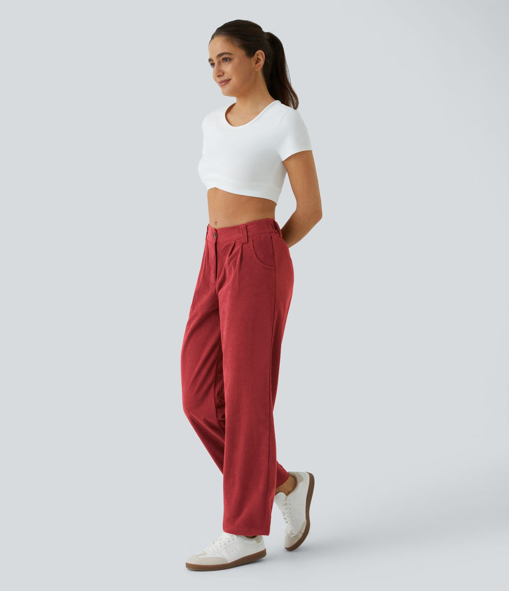 Pantalon en velours côtelé décontracté taille moyenne avec poches latérales