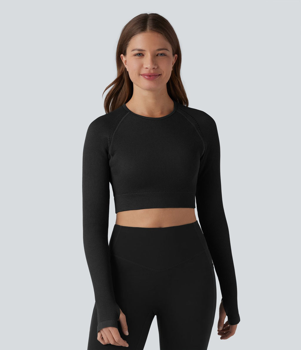 OneForm Seamless Flow Top de sport court yoga dos nu à manches longues raglan avec passants pouces