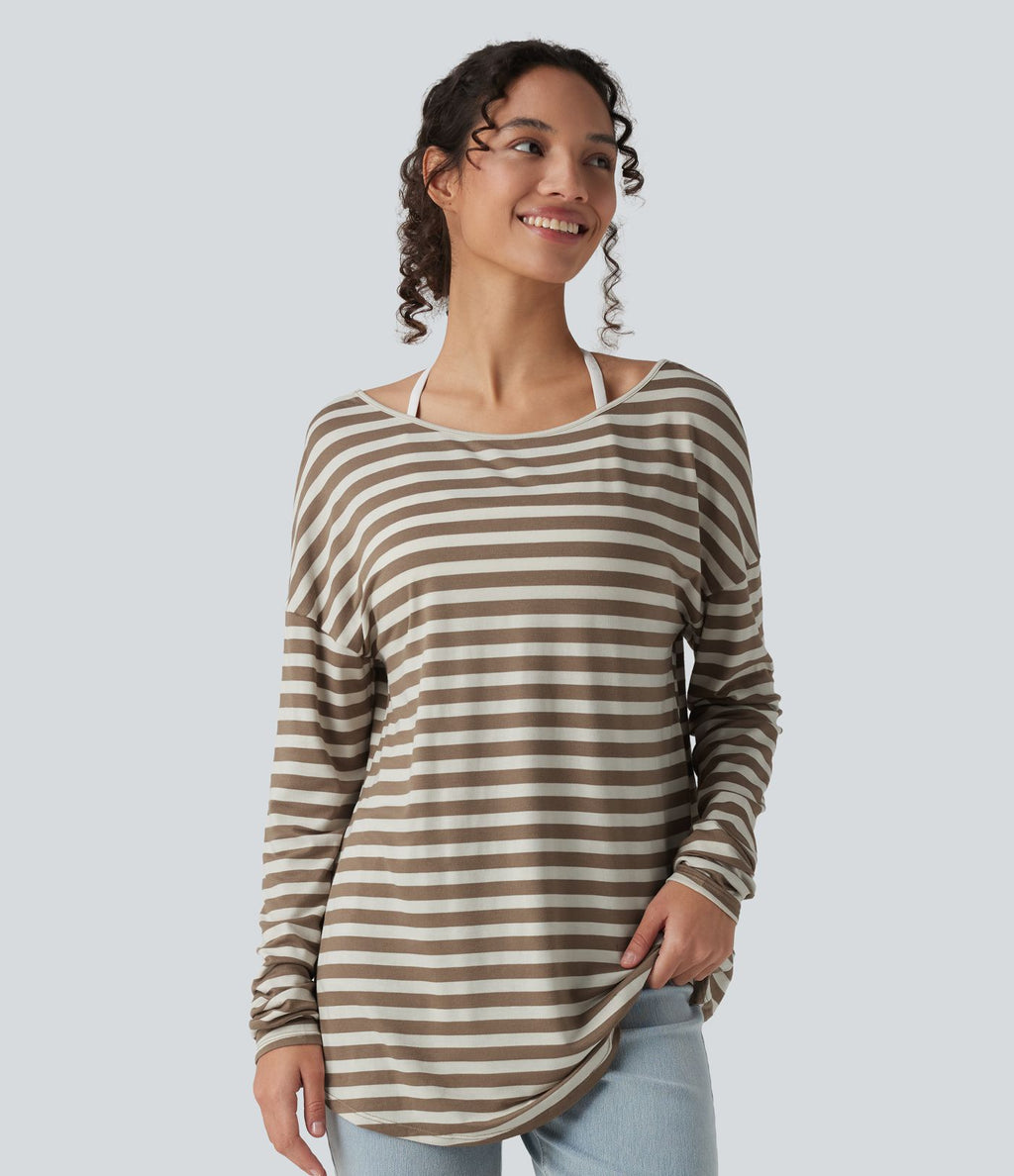 T-shirt ample décolleté plongeant manches longues à rayures et trous pour les pouces - Réversible devant et dos