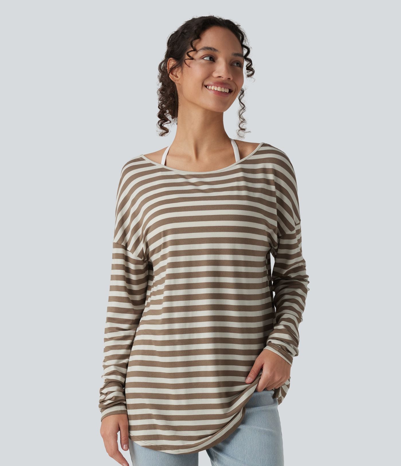 T-shirt ample décolleté plongeant manches longues à rayures et trous pour les pouces - Réversible devant et dos