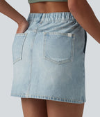 Jupe décontractée taille haute en denim imprimé, molleton français, avec poches
