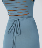 Robe Casual Midi 2 Pièces Capuche Col Montant Sans Manches Fendue avec Découpe Dos Nœud Côtelée