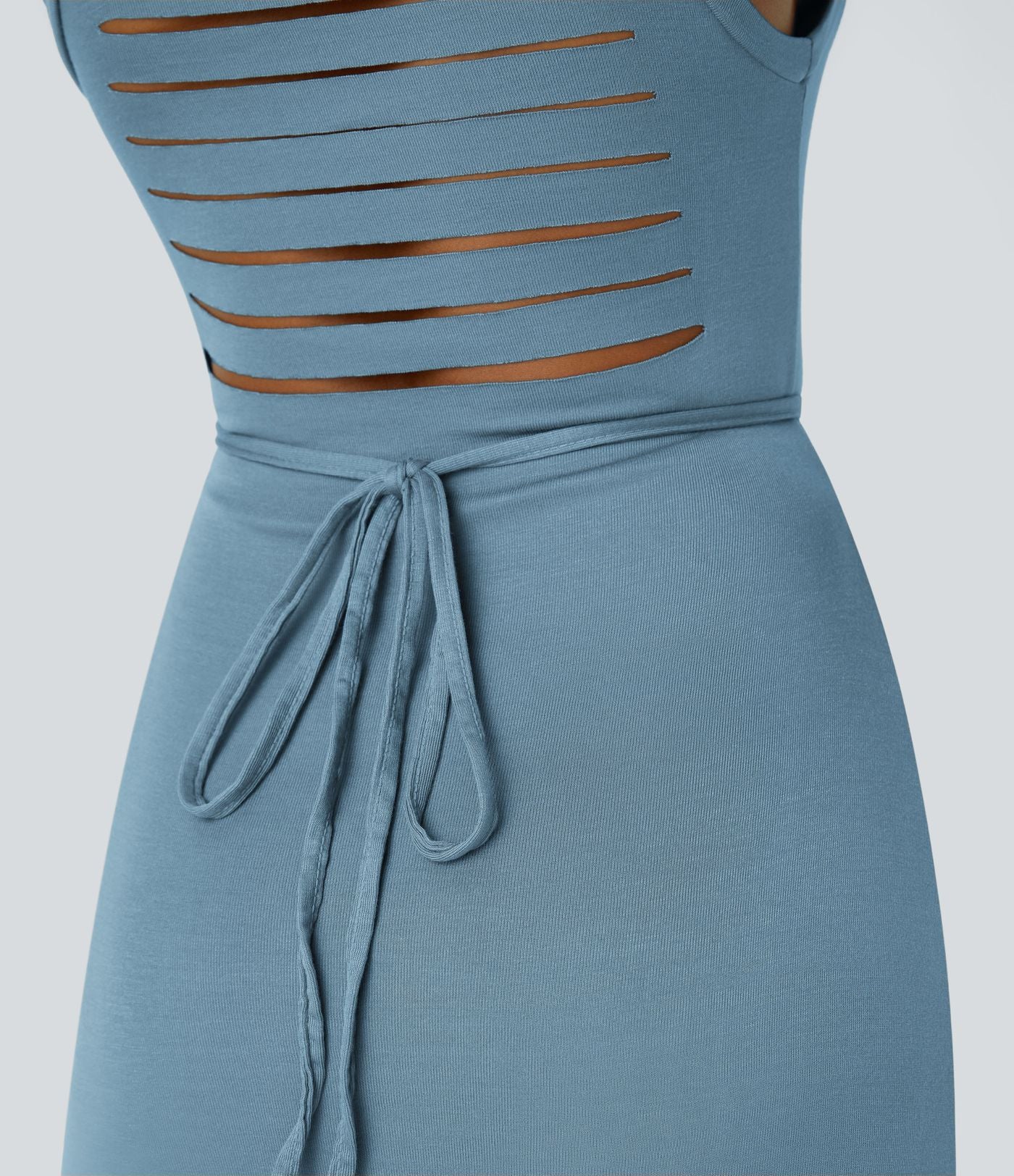 Robe Casual Midi 2 Pièces Capuche Col Montant Sans Manches Fendue avec Découpe Dos Nœud Côtelée