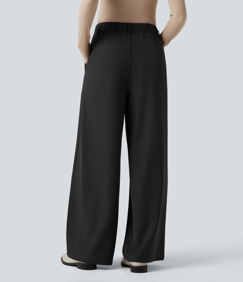 Pantalon tailleur large, taille haute, à poches