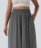 Pantalon large fluide chiné resort taille haute avec poches