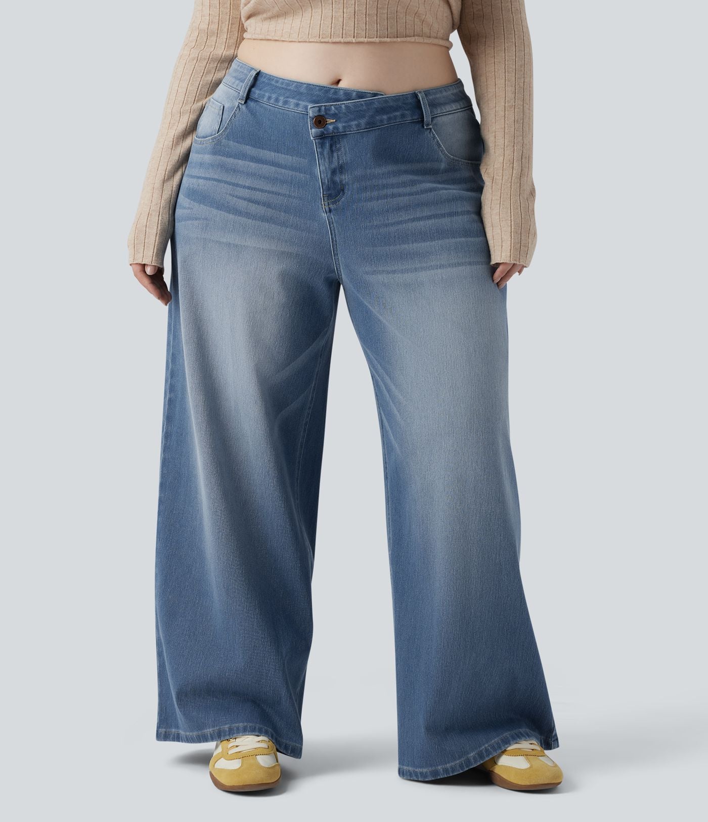 Jean décontracté grande taille Halara Flex™ asymétrique taille basse jambes larges effet délavé avec poches