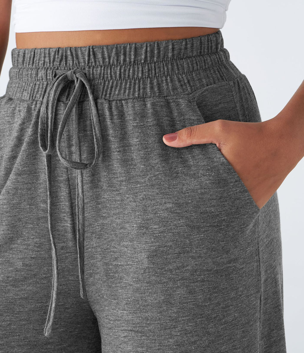 Pantalon Casual à Taille Haute avec Cordon De Serrage Poches Latérales et Volants Jambes Amples