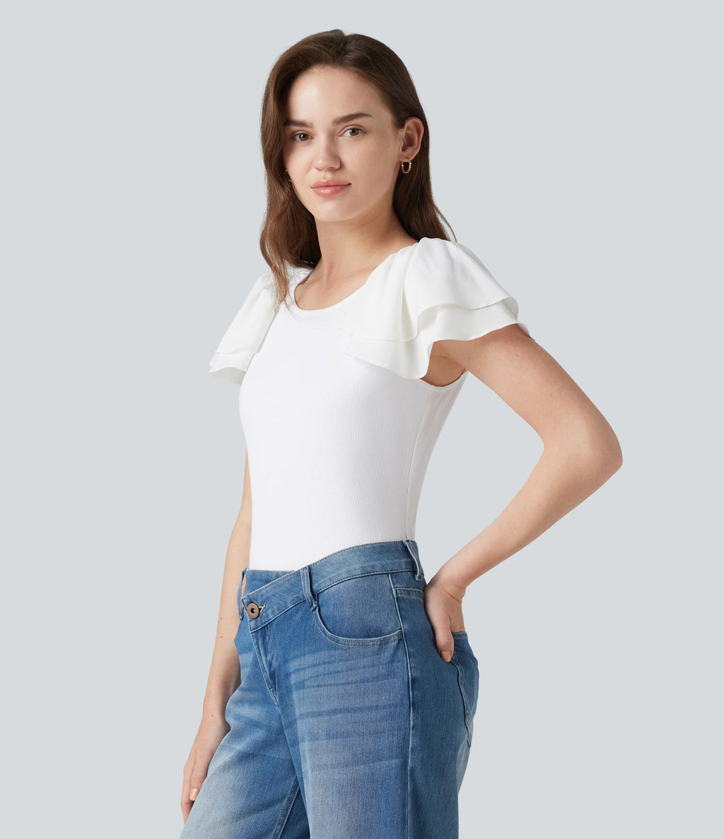 Blouse décontractée col rond à manches à volants étagées