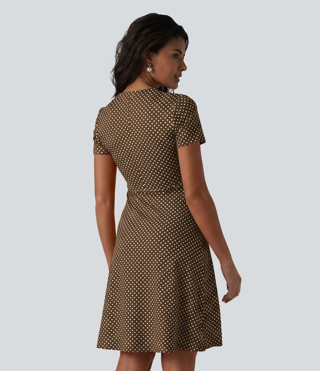 Robe casual à col V, manches courtes et imprimé à pois longueur genou