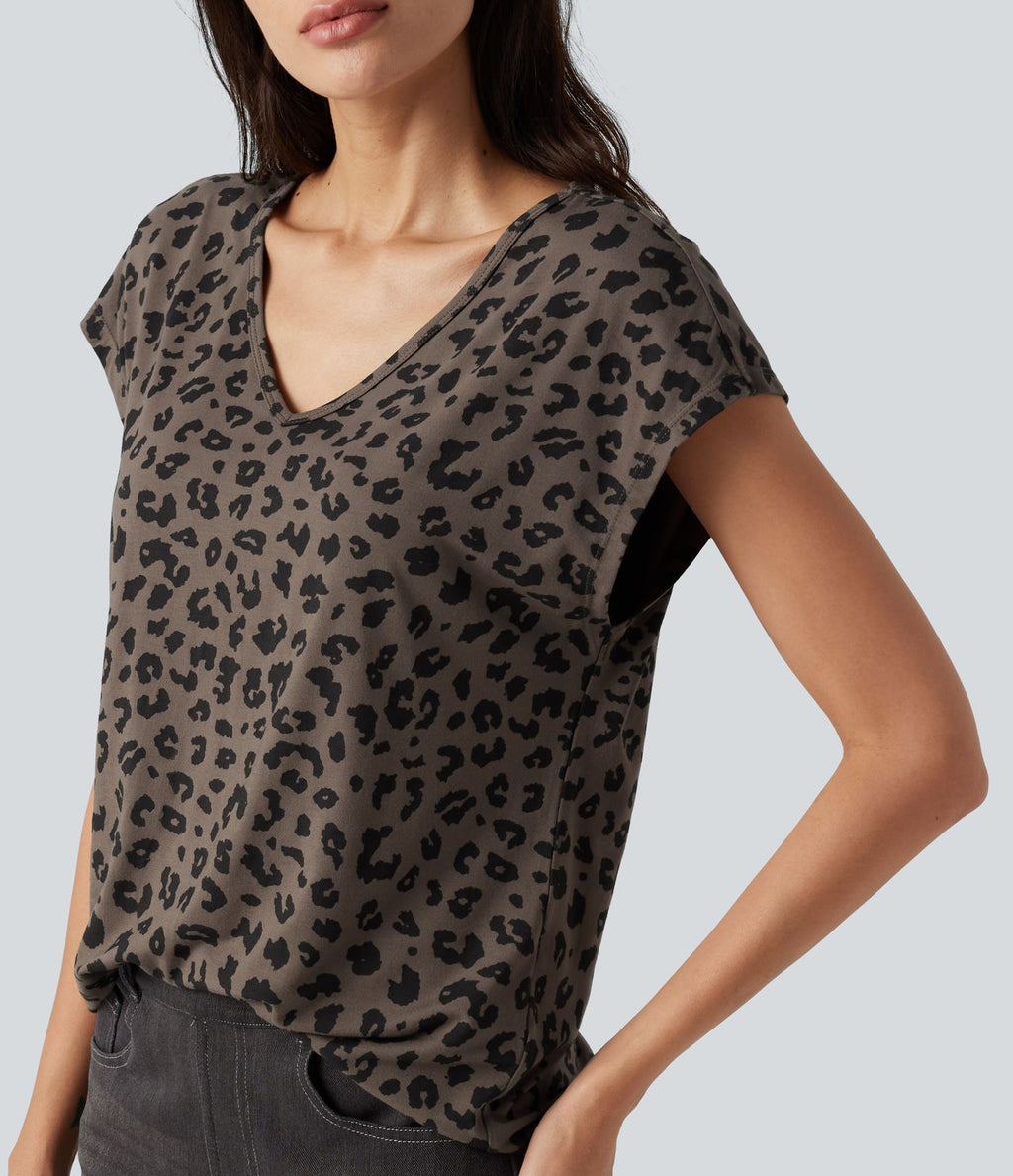 T-shirt casual col V à manches courtes et imprimé léopard