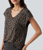 T-shirt casual col V à manches courtes et imprimé léopard