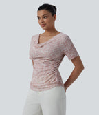 T-shirt col bénitier manches courtes avec fronces effet tie-dye