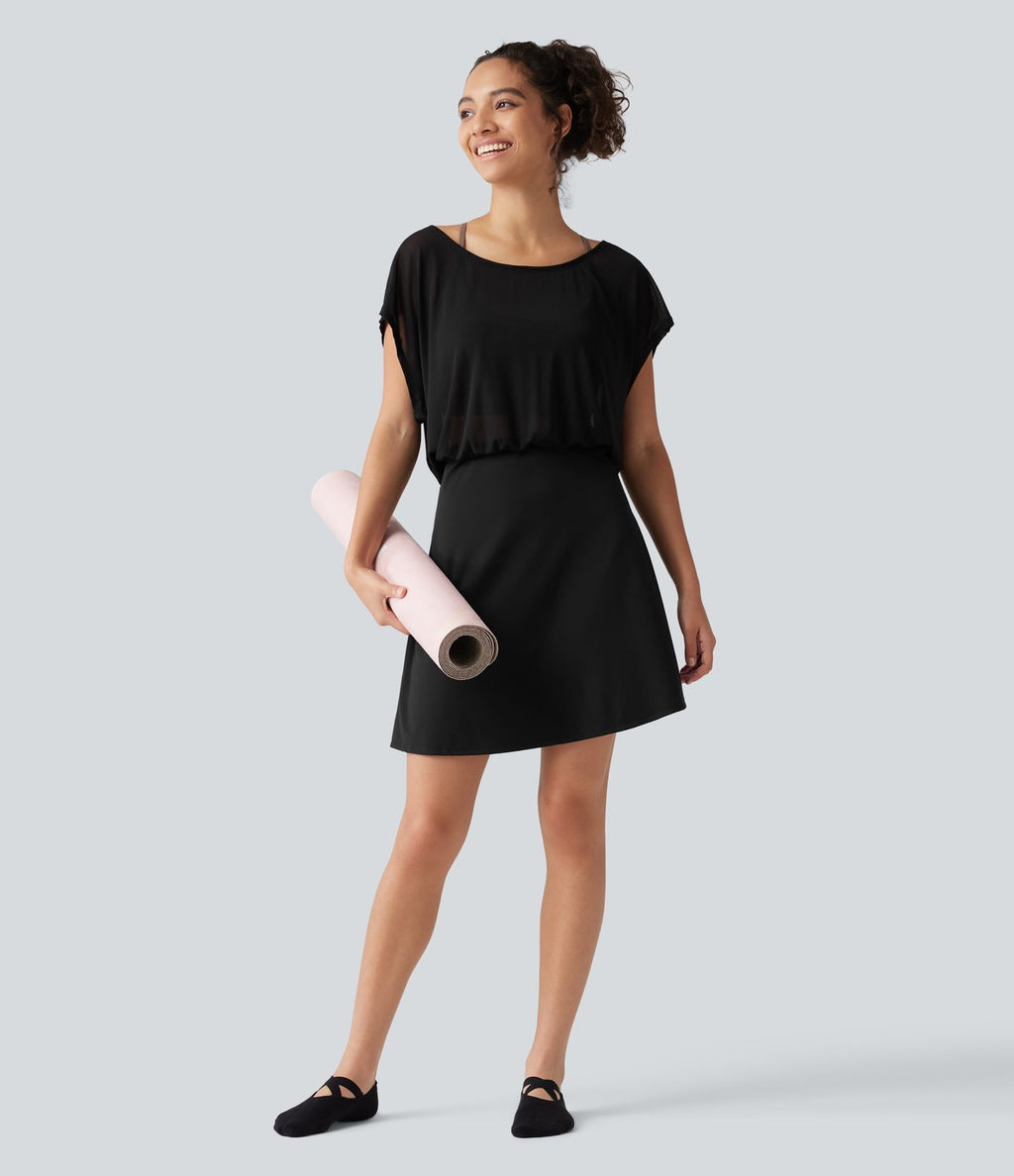 Robe-short mini SoftlyZero™ Plush pour le yoga à encolure bateau, manches courtes et poches - Easy Peasy
