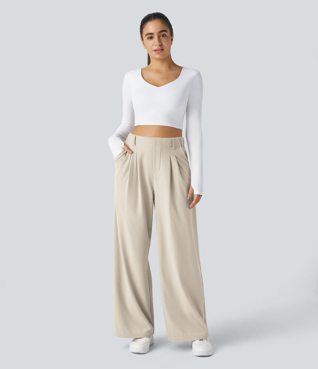 Halara Flex™ Pantalon Tailleur Large Fluide Gaufré Taille Haute Poches Latérales