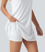 Robe-short mini SoftlyZero™ Airy effet frais InstantCool pour le yoga longueur allongée avec dos noué, coussinets amovibles, poche et protection solaire UPF50+