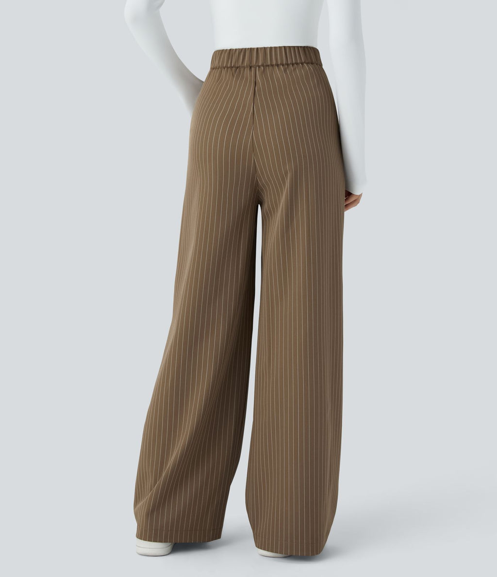 Pantalon Tailleur Large Fluide à Rayures, Taille Haute, Bouton et Fermeture Éclair, Poches Latérales