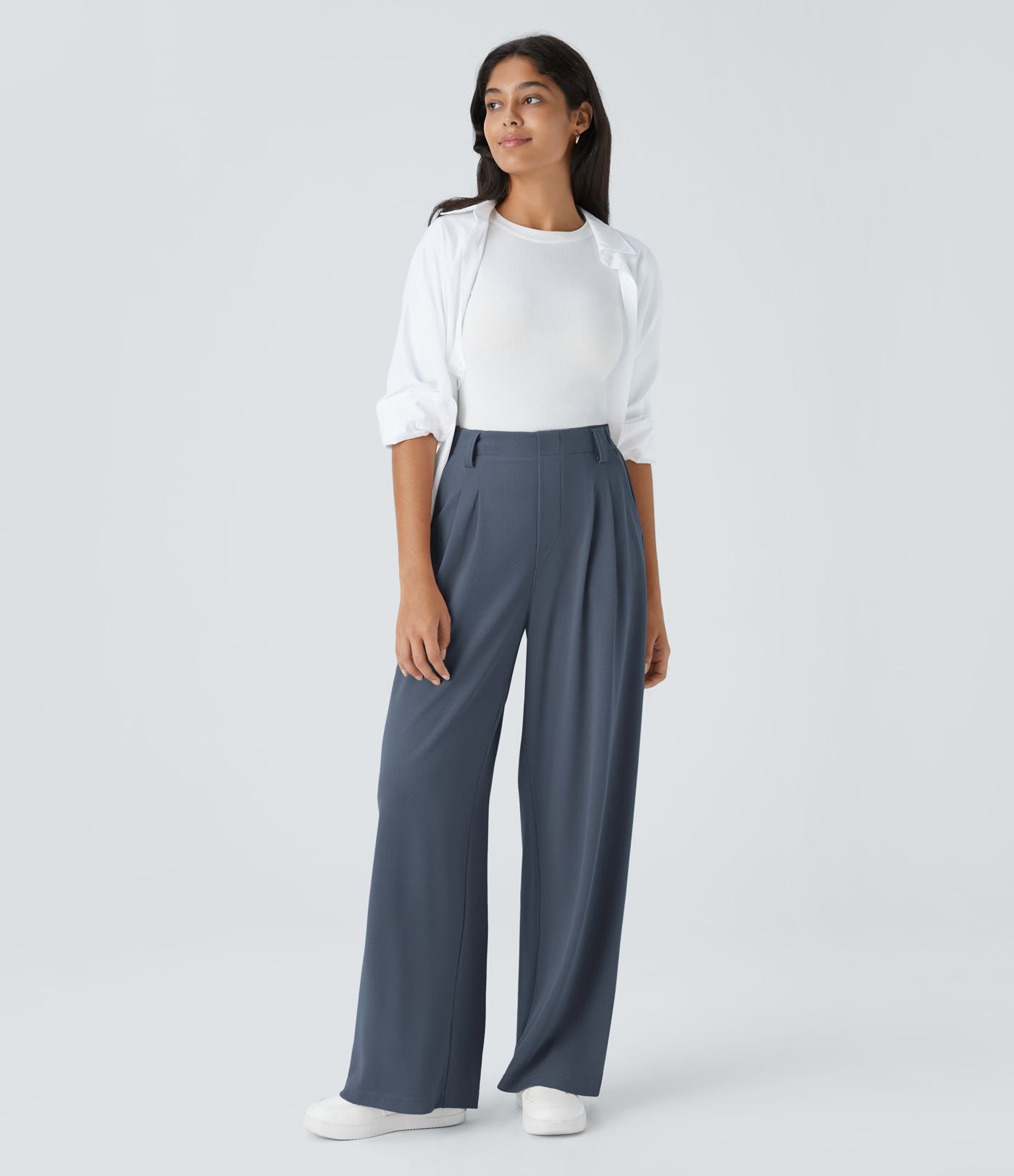 Halara Flex™ Pantalon Tailleur en tissu gaufré à taille haute, jambes larges, plis et poches latérales