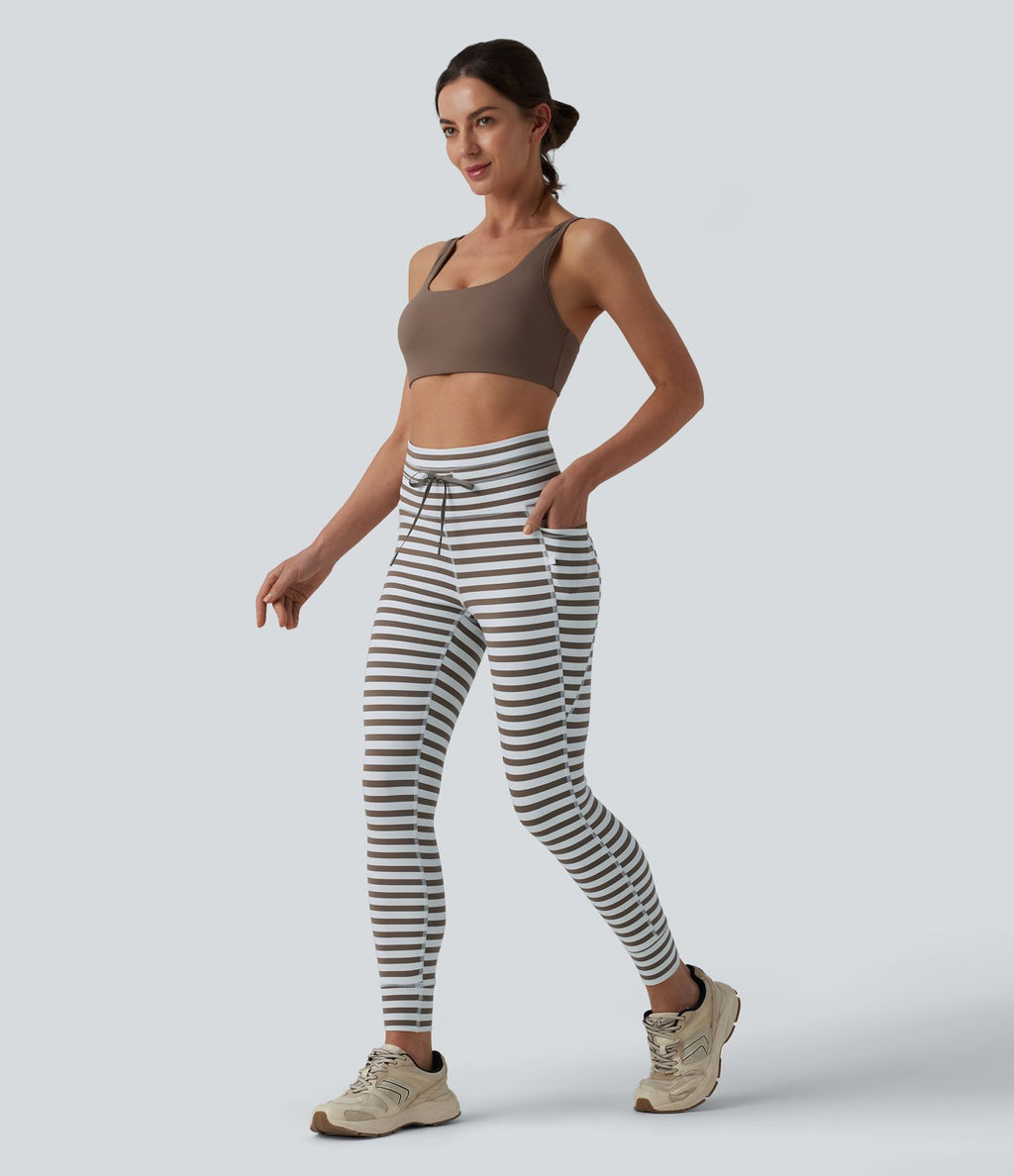 Legging yoga 7/8 taille haute à rayures et cordon de serrage avec poches
