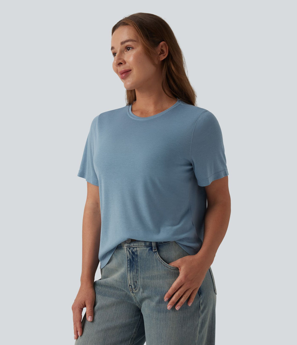 T-shirt décontracté ample à col rond et manches courtes en laine mélangée