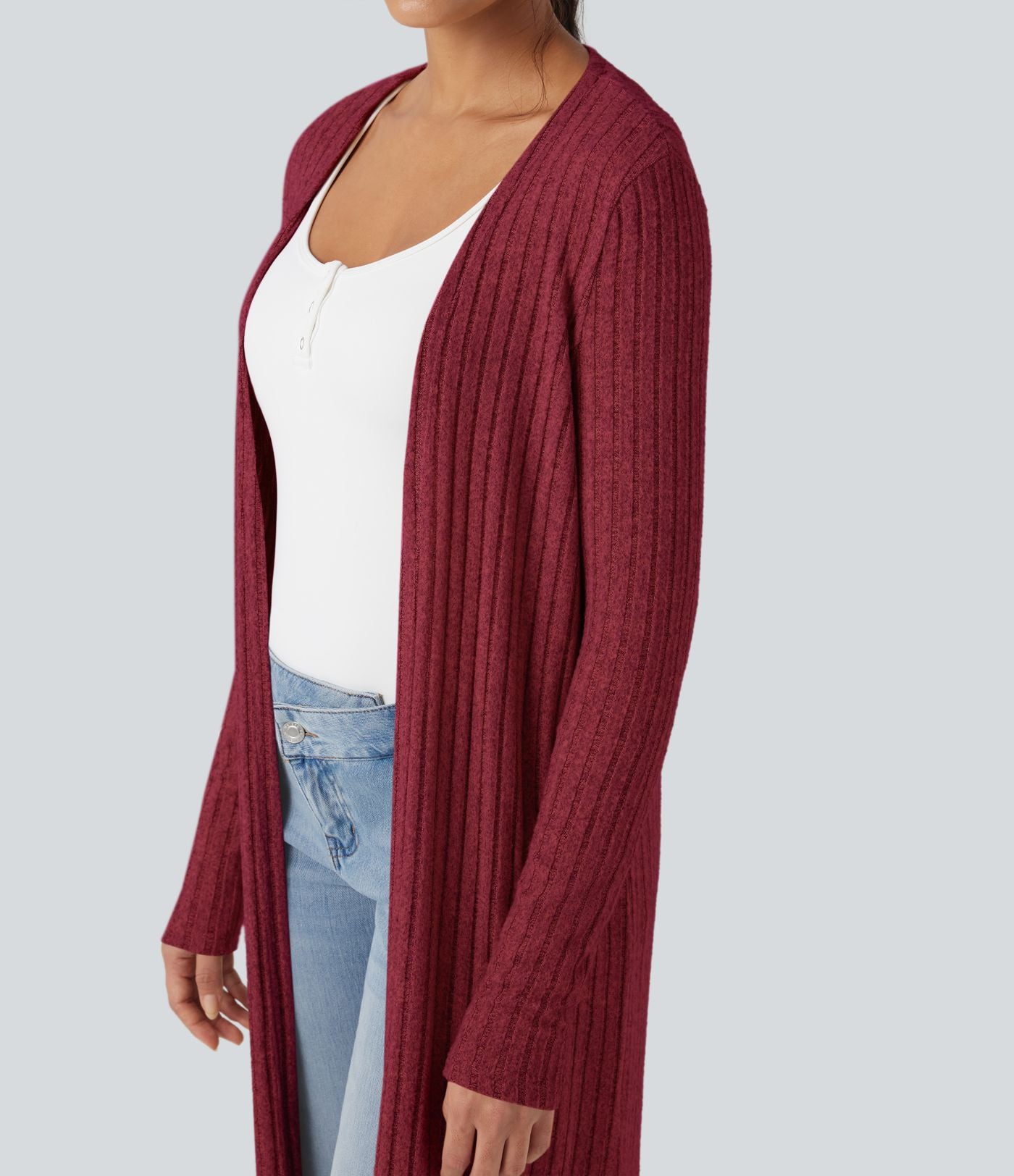 Manteau long décontracté maille côtelée manches longues avec fente