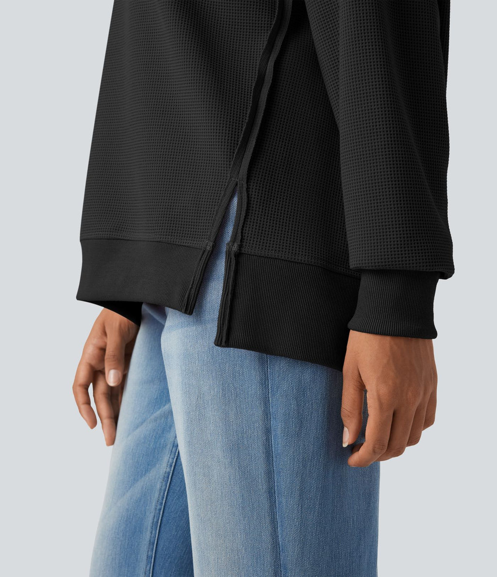 Sweat-shirt gaufré col rond ourlet fendu manches longues