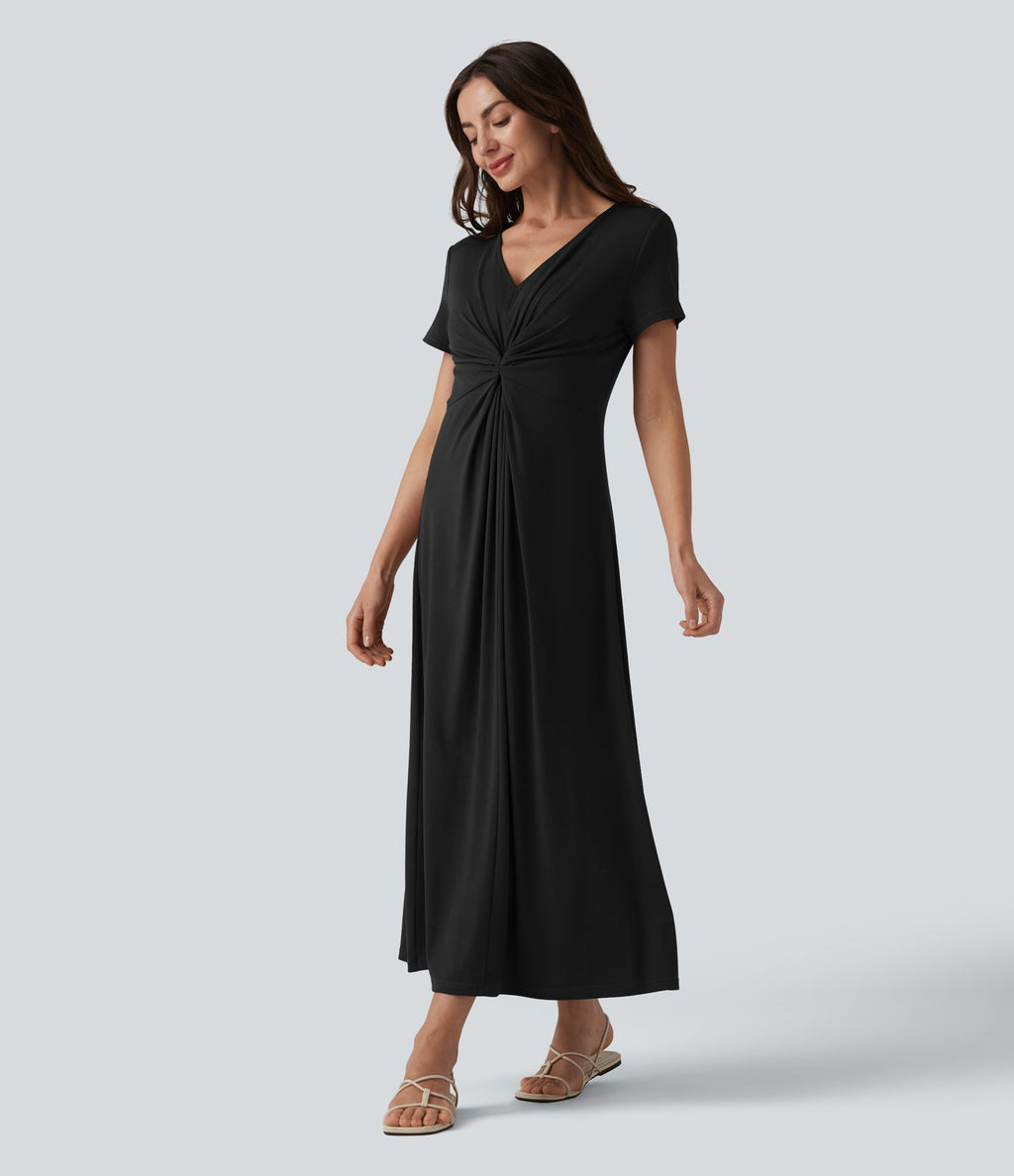 Robe décontractée midi col V manches courtes