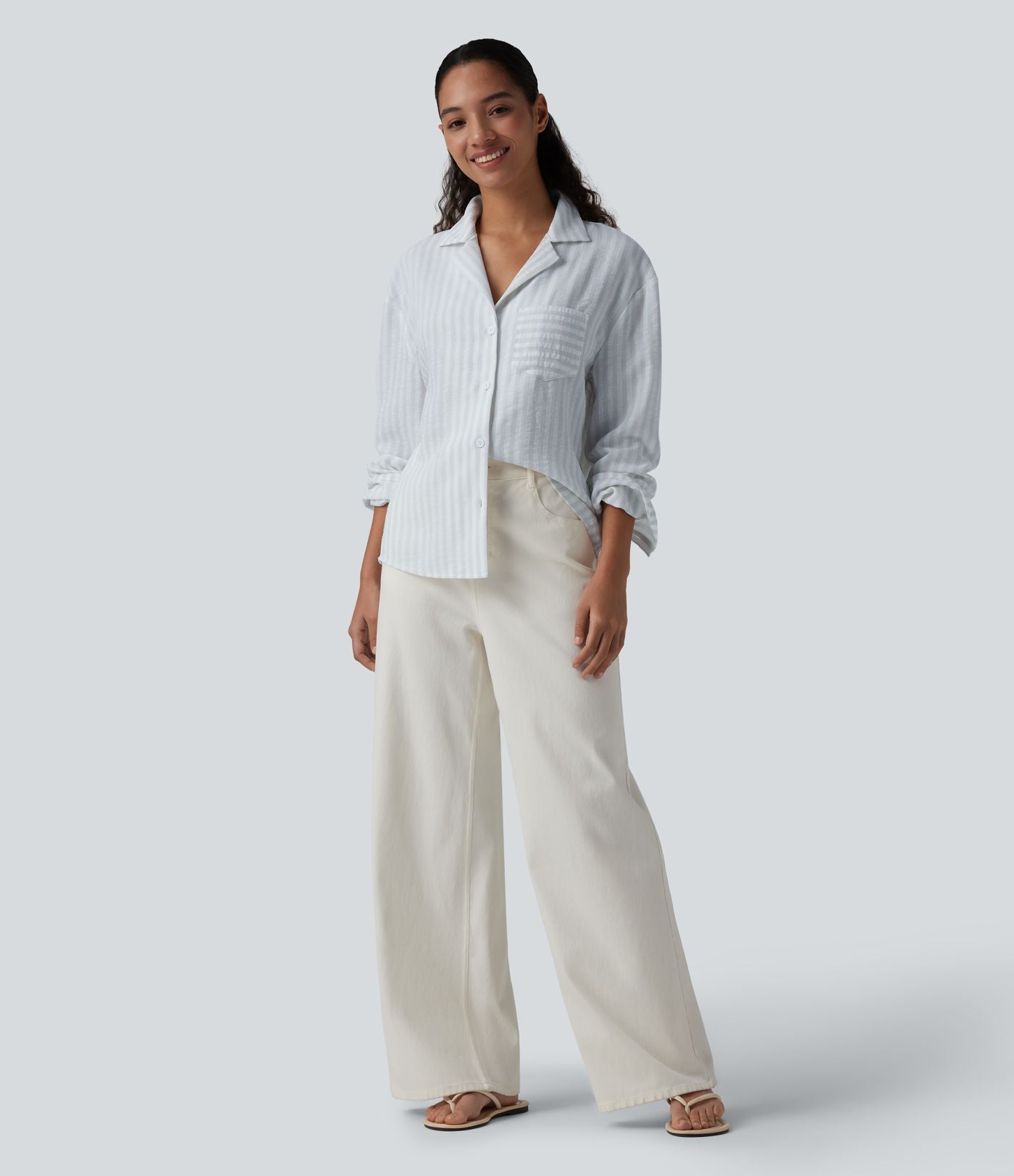 Chemise décontractée rayée col cranté manches longues aspect lin avec poche