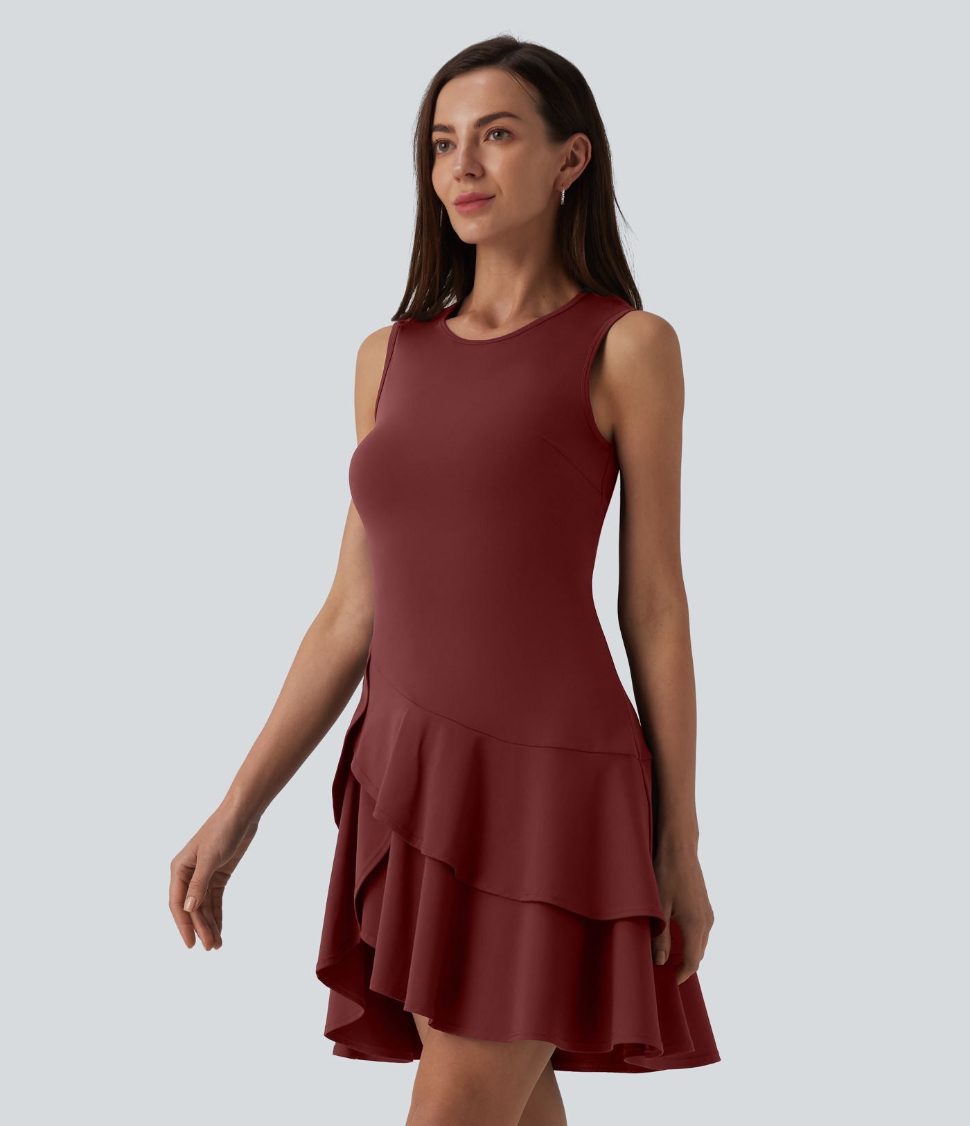 Robe mini décontractée SoftlyZero™ Airy col rond sans manches à volants superposés effet frais InstantCool