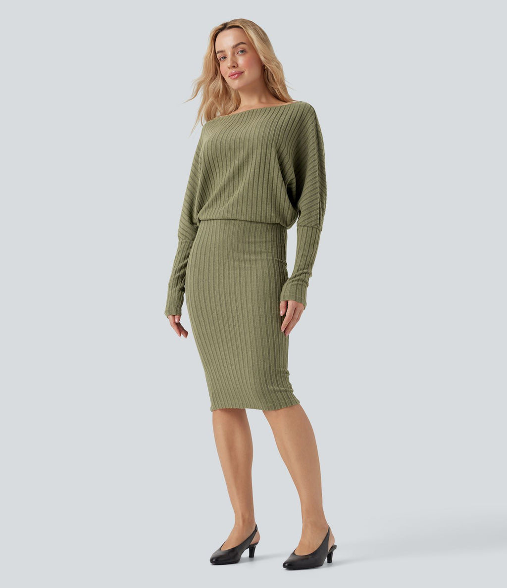 Robe de mi-longue moulante décontractée maille côtelée épaules dénudées manches chauve-souris