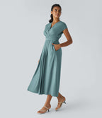 Breezeful™ Robe Mi-Longue Col en V Manches Courtes Poche Latérale Nouée au Dos Séchage Rapide