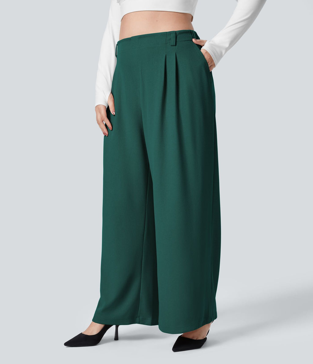 Halara Flex™ Pantalon tailleur Grande taille à Taille Haute, Poches Latérales Plissées, Jambes Larges, en Tissu Gaufré