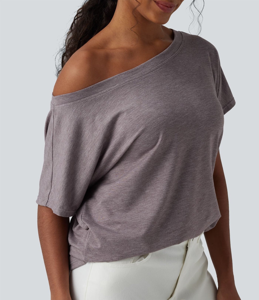 Haut décontracté oversize chiné asymétrique une épaule dénudée manches courtes