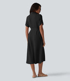 Robe-chemise midi casual à manches courtes aspect lin, ceinturée et avec poches