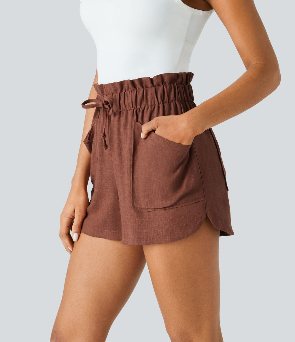 Short Casual en Mélange de Lin à Taille Mi-Haute avec Taille Sac Papier Cordon de Serrage Multiples Poches et Ourlet Courbé