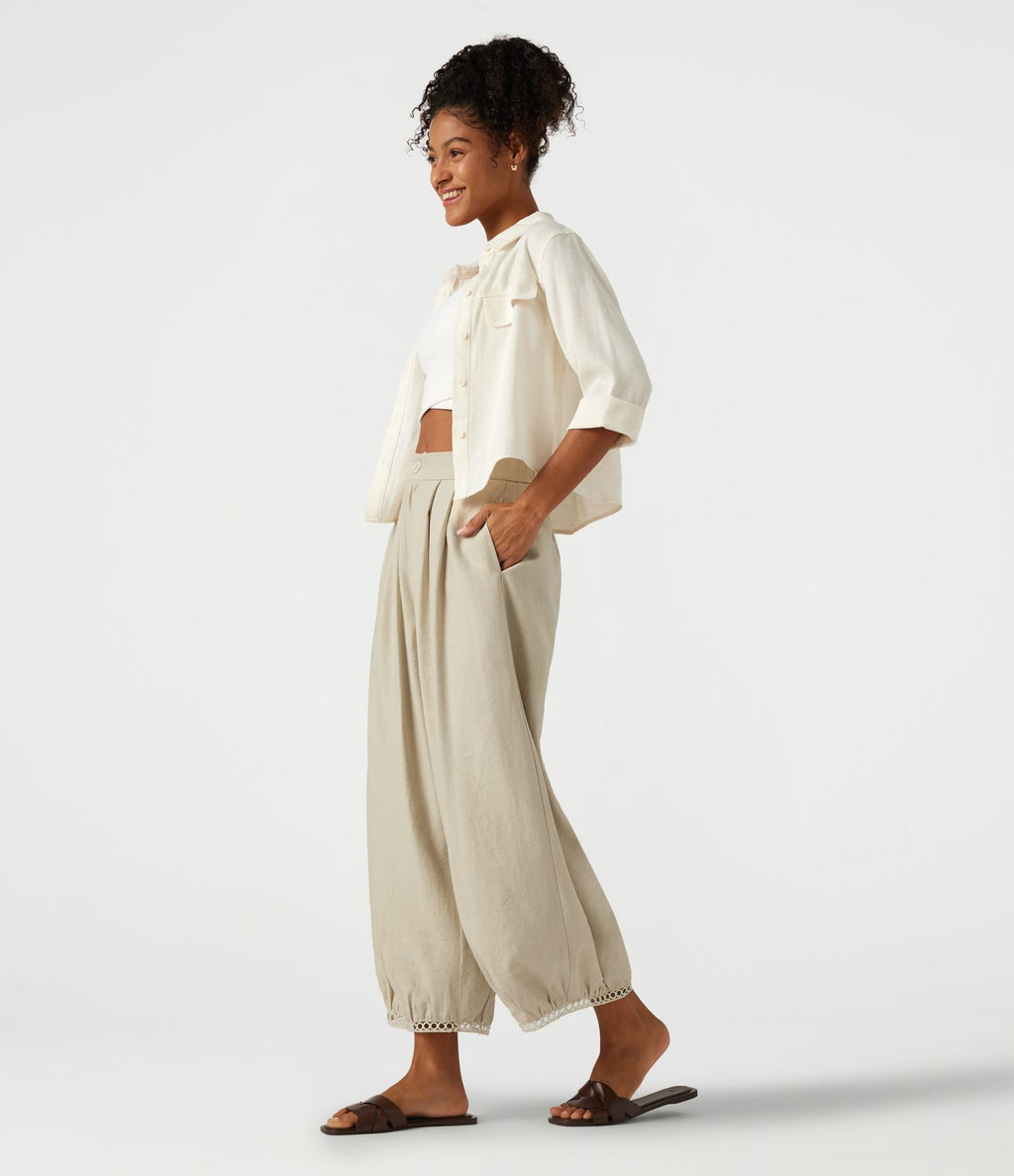 Pantalon casual barrel longueur 7/8 taille mi-haute à bordure ajourée avec poches